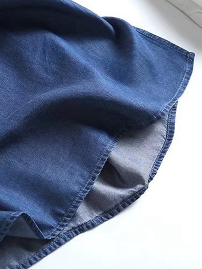 Ethnic Style V-neck Embroidery Drape Breathable Tencel Denim Dress