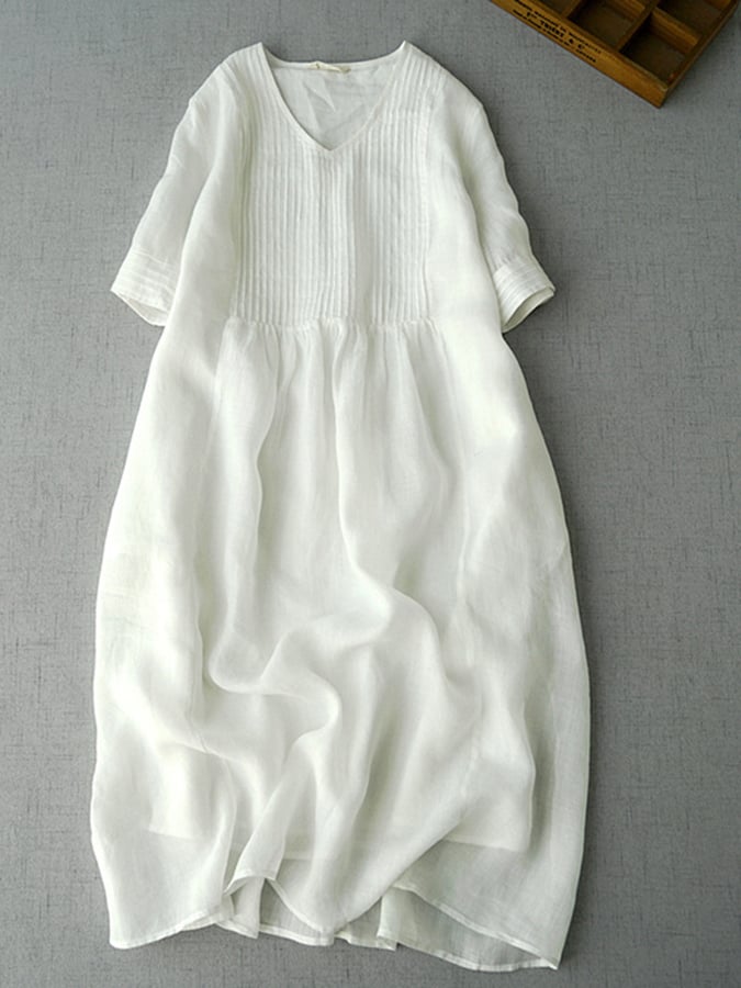 Elegant Pleated Loose Cotton Linen Dress