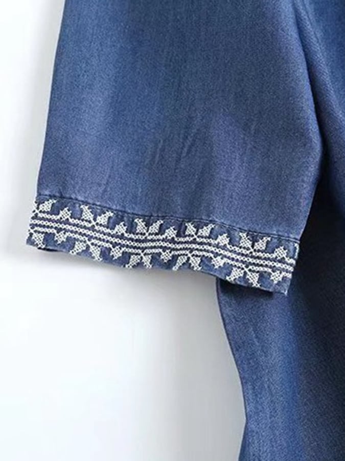 Ethnic Style V-neck Embroidery Drape Breathable Tencel Denim Dress